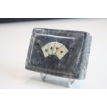 Early 20th century Mottled Blue Bakelite Playing Card Box with ivorine playing cards set of lid