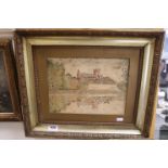 J Barton, early 20th century watercolour of a lakeside abbey, mounted in an antique frame, approx