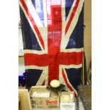 Two blown ostrich eggs, a Dennis Wheatley Murder Mystery book & an early 20th century Union Jack