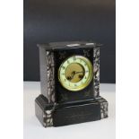 Early 20th century slate two train mantle clock with marble supports