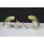 Pair of antique Continental ceramic parrots, a 19th century Staffordshire pottery hare & a similar