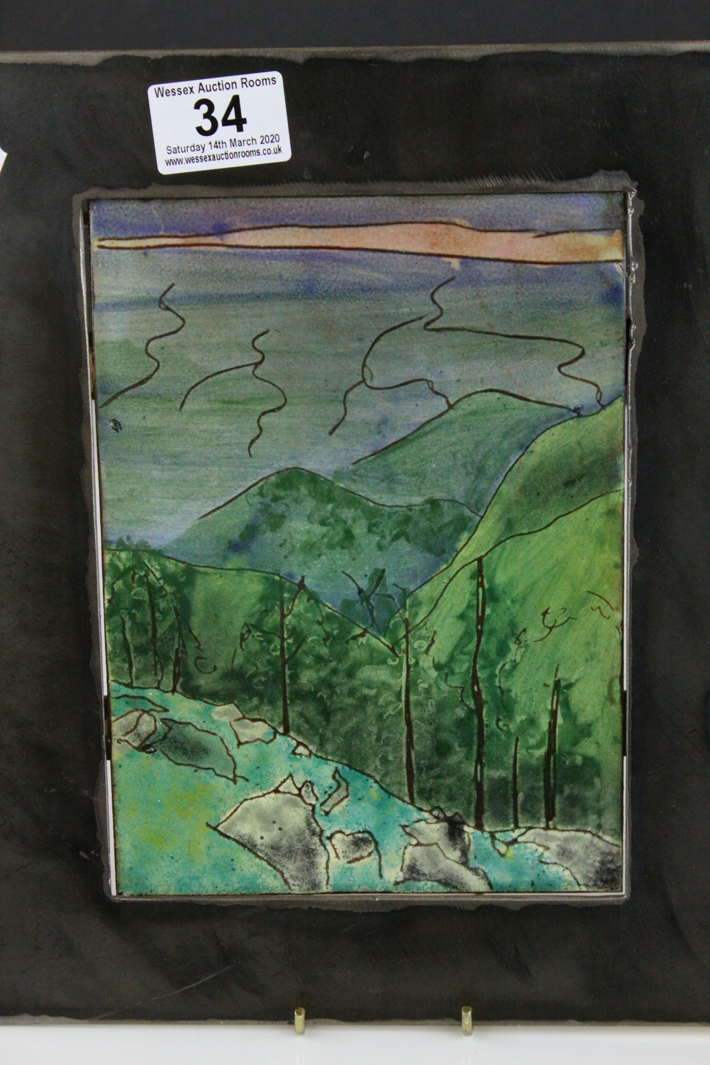 Contemporary steel framed copper plaque with enamelled decoration, rural scene with hills to - Image 2 of 3