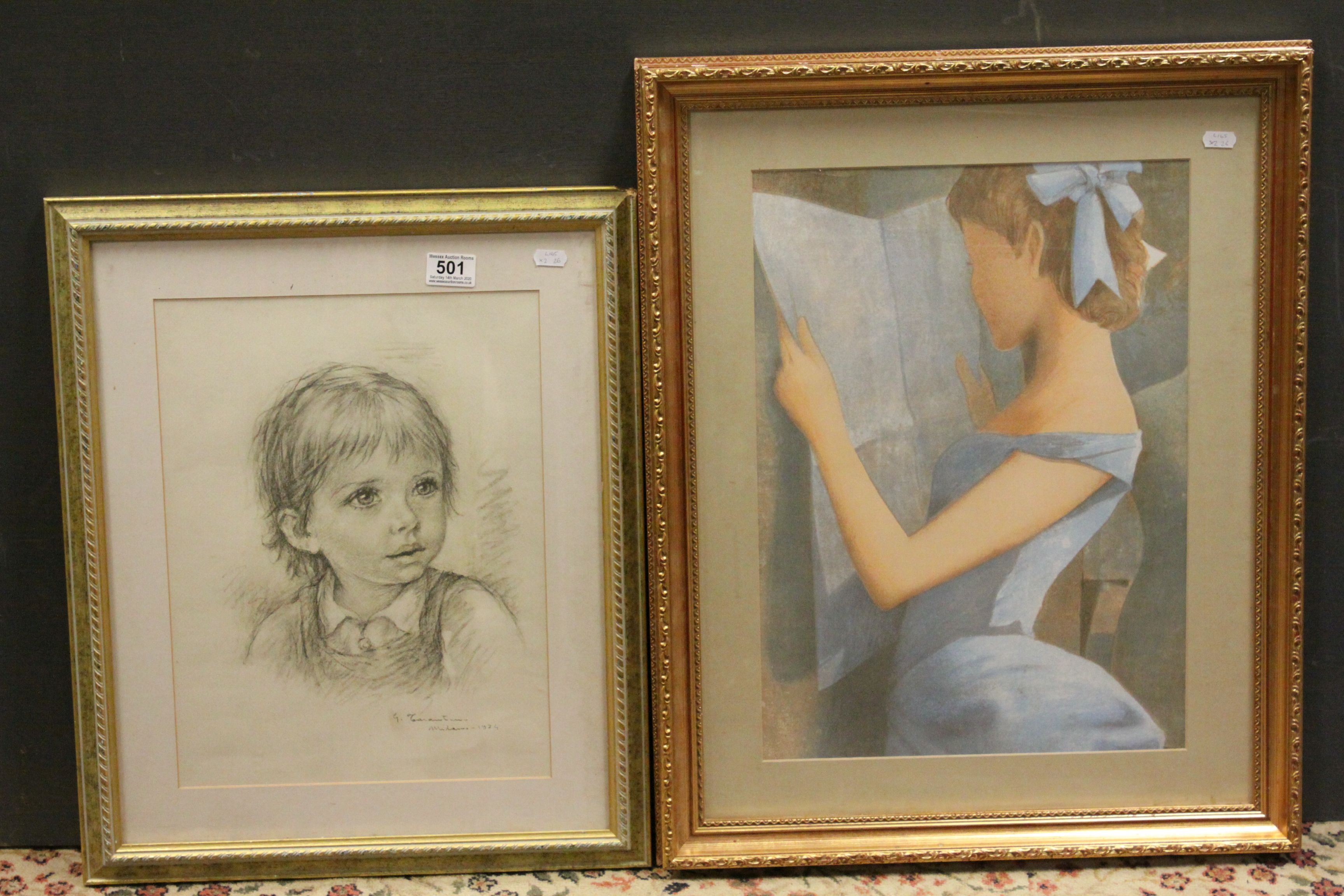 Jan Raab framed lithograph study of a lady together with a portrait of an infant (2)