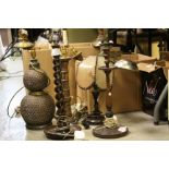 Large quantity of lamps and lights to include treen, brass, copper, double glass gourde lamp with