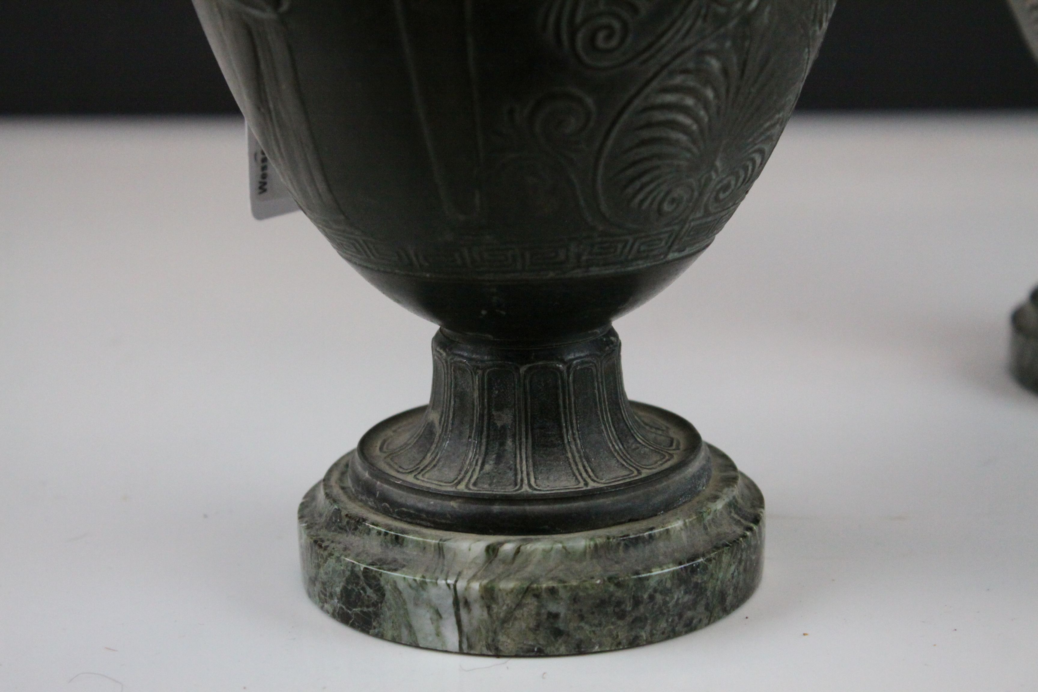 Pair of 19th century Cast Classical Twin Handled Urns on Green Marble Bases, 28.5cms high - Image 4 of 7
