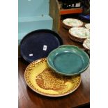 Tin of glazed slipware pottery dish decorated with a flatfish possibly North Devon and two lustre