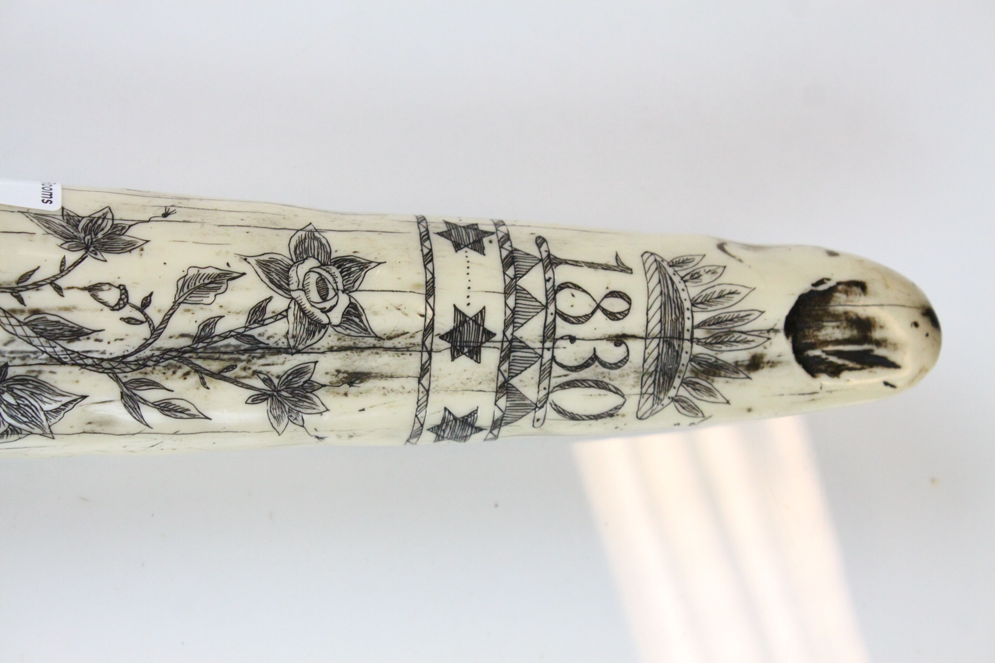 Resin Scrimshaw style tusk inscribed Ship James Allen, Liberty, 57cms long - Image 4 of 5