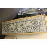 Framed antique lace panel with floral and griffin decoration