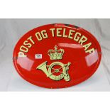 Advertising Sign - Vintage Red Enamel Oval Danish Advertising Sign ' Post Og Telegraf ' (post and