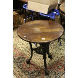 Pub Table with Wooden Circular Top and Metal Base with Face Masks to the Three Legs, 68cms wide x