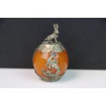 Tibetan silver hand carved rabbit zodiac statue with a yellow jade inlay
