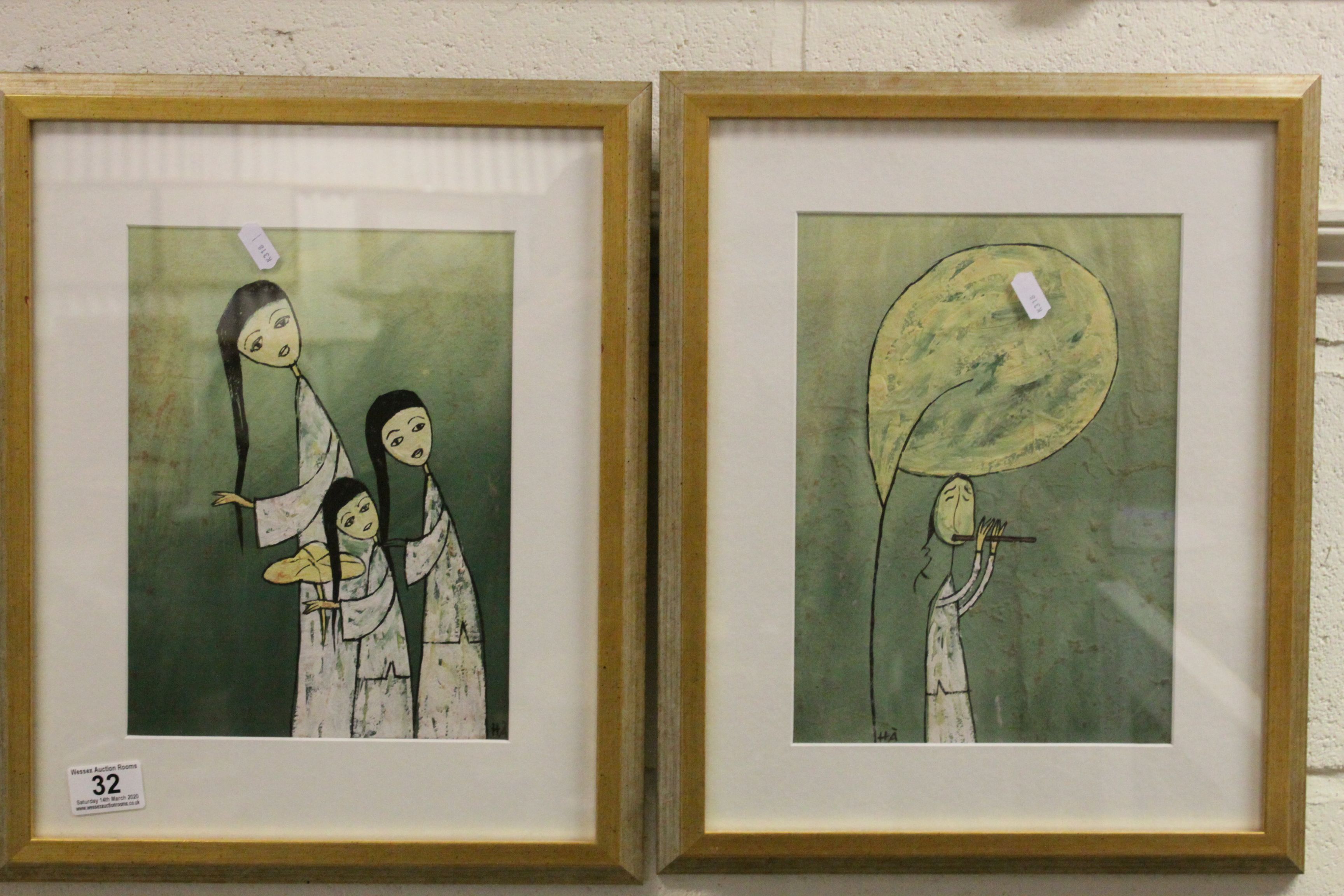 Pair of Contemporary frame acrylic paintings Oriental girls dancing and one other playing flute both