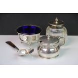 Silver Hallmarked Salt with Blue Glass Liner, Silver Mustard Pot, Glass Inkwell with Silver Lid