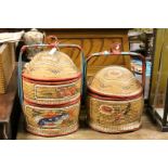 Two carrying picnic wicker tiffin boxes, with handles