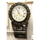 19th Century key wind Wooden wall Clock with Lacquered finish inset with Mother of Pearl & hand