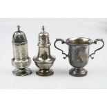 Silver twin handled trophy raised on circular foot, scroll handles with cast acanthus leaf