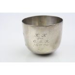 Silver tea bowl, plain polished body with presentation inscription, makers Hawksworth, Eyre & Co