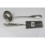 Russian silver fiddle pattern ladle, monogrammed terminal, kokoshnik marks, length approximately