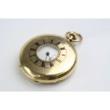 Edwardian 18ct yellow gold half hunter top wind pocket watch, Thomas Russell & Son, white enamel