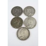 Five Victorian Silver Crown coins to include; 1887, 1889 x 2, 1890 & 1891 (5)