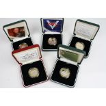 Five Royal Mint cased silver proof £2 Coins to include the 2005 World War Two, 1999 Rugby World Cup,
