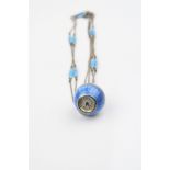Enamelled pendant globe watch, blue guilloche enamel, cream dial with black Arabic numerals, black