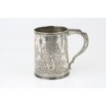 Victorian silver mug, engrave floral and foliate garland decoration, monogrammed cartouche,