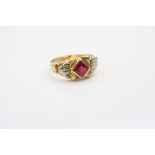 Synthetic ruby 18ct yellow gold ring, square mixed cut ruby, collet setting, angular shoulders, ring