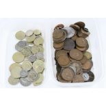 Small collection of coins in two tubs, to include GB copper, some silver & European 20th Century