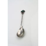 Mexican white metal Arts and Crafts style spoon, the pierced square finial set with chrysoprase