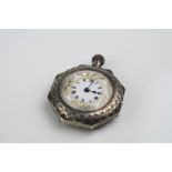 Early 20th century enamelled silver top wind hexagonal fob watch, white enamel dial with gilt