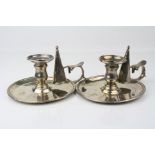 Pair of George III silver chamber sticks with matched snuffers, engraved bee crest to drip tray