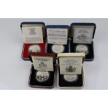 Five Royal Mint cased silver proof Crown Coins to include the 1977 Queens Silver Jubilee, 1980 Her