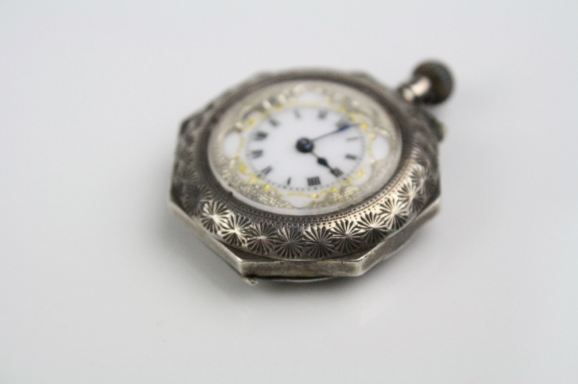 Early 20th century enamelled silver top wind hexagonal fob watch, white enamel dial with gilt - Image 2 of 6