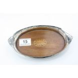 Early 20th century silver marquise shaped card tray, mahogany base with fluted oval satinwood inlay,