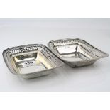 Pair of Victorian silver bon bon dishes of rectangular form, the pierced border with engraved