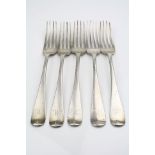 Five white metal Hanoverian pattern forks, initialled terminals, pseudo hallmarks for London 1737,