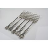 Five early Victorian Kings pattern silver dessert forks, initialled terminals verso, makers James
