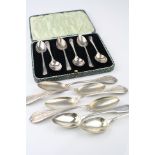 Cased set of six George VI silver teaspoons, Hanoverian pattern coffee spoons, makers Atkin