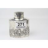 Edwardian silver tea caddy, repoussé country scene with figures and town to the background, makers