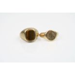 Tigers eye 9ct yellow gold signet ring, ring size L½ together with a 9ct yellow gold signet ring,