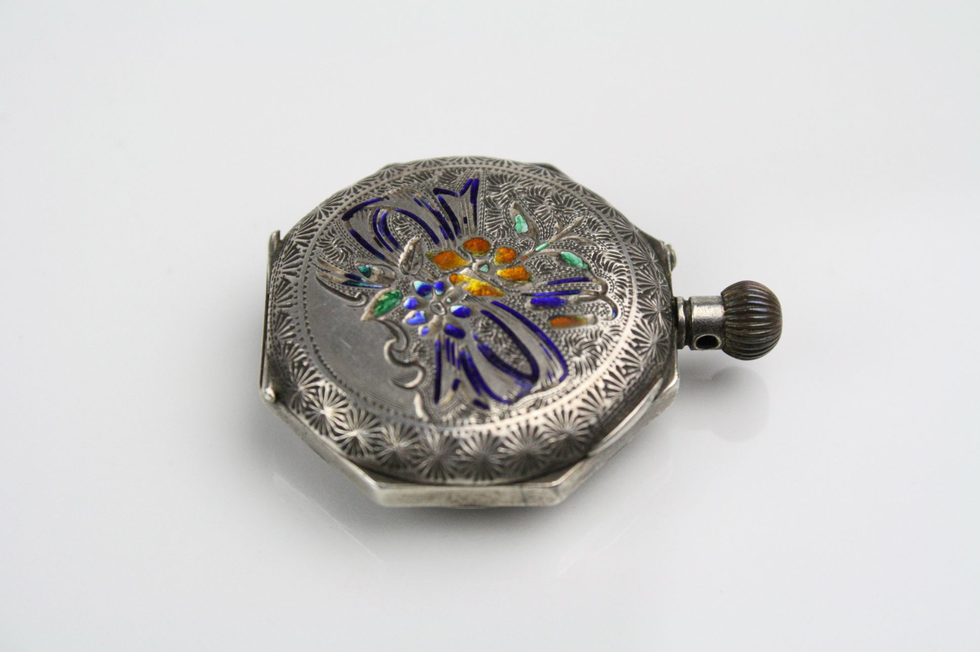 Early 20th century enamelled silver top wind hexagonal fob watch, white enamel dial with gilt - Image 3 of 6