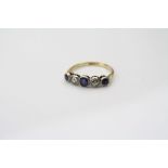 Sapphire and diamond five stone 18ct yellow gold platinum set ring, circa 1920s, three mixed cut