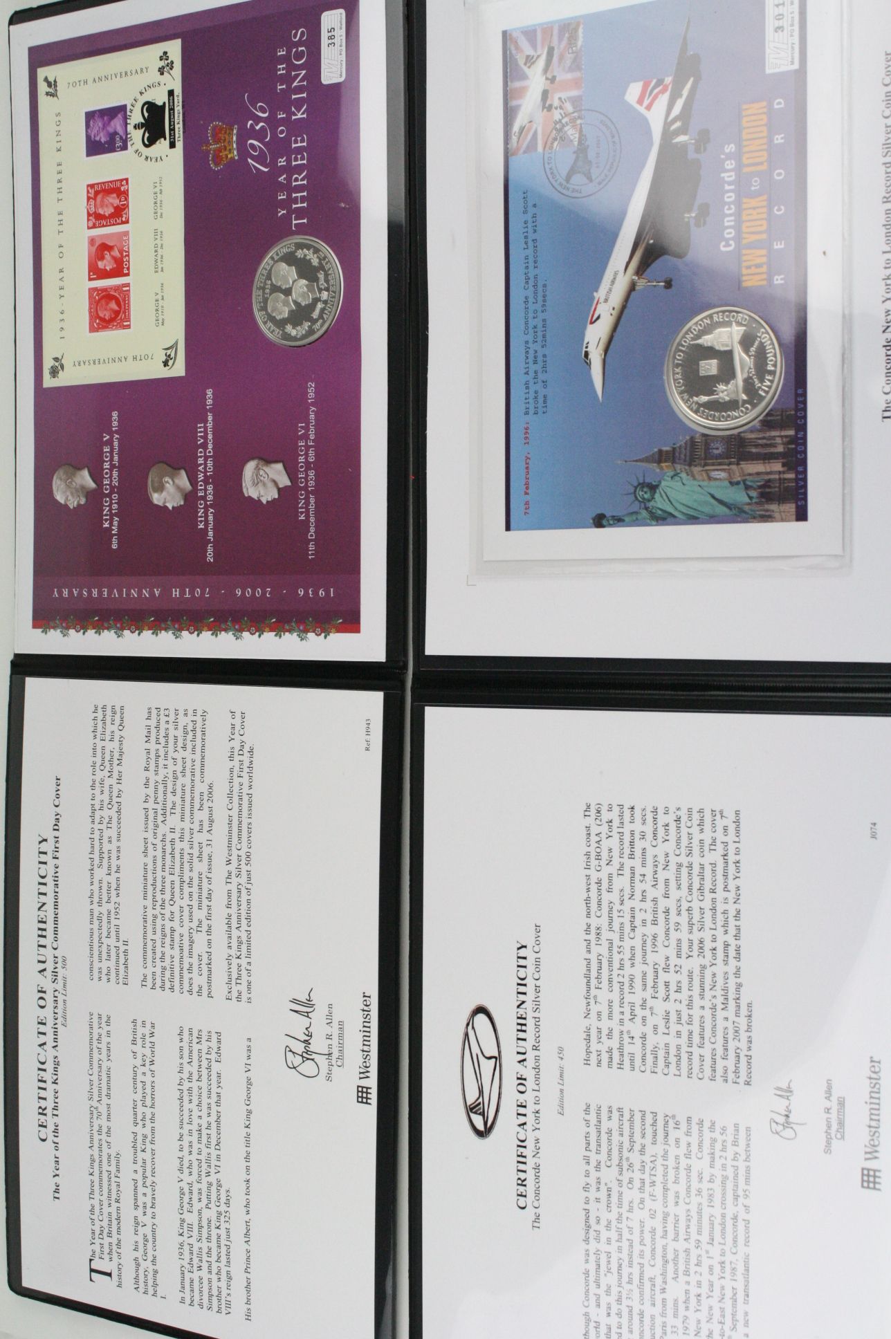Two Westminster Mint Silver coin & stamp presentation folders to include; the year of the three