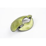 Attribute to Aksel Holmsen Norwegian enamelled silver brooch, stylised ribbon design, olive green