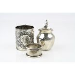Victorian small silver mug, repoussé floral and scroll decoration, monogrammed cartouche, makers W