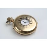 Gold plated half hunter top wind pocket watch, white enamel dial chipped, black Roman numerals and