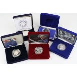 Five Royal Mint cased silver proof Crown Coins to include the 2002 Queen Mother Memorial, 2002