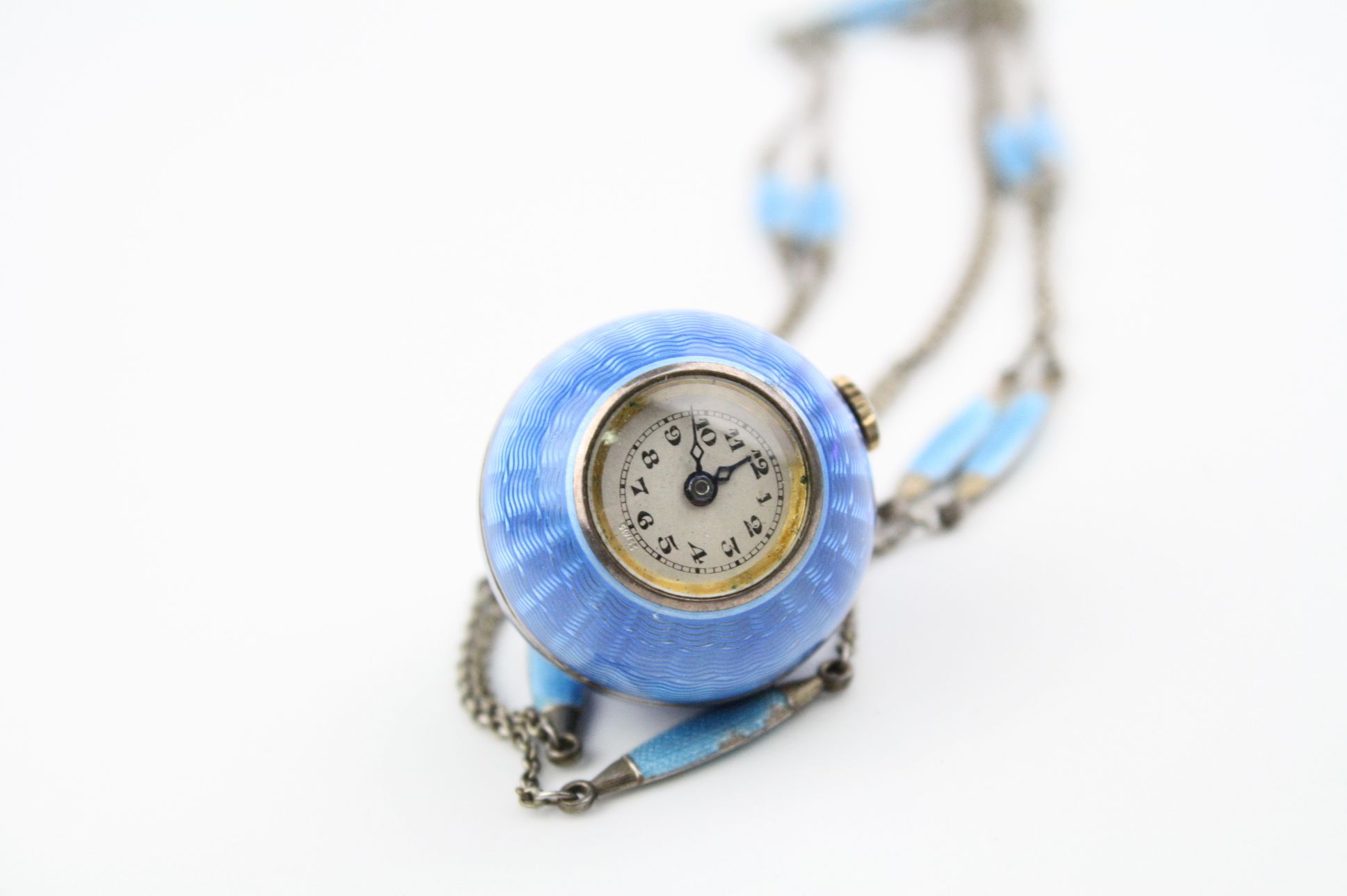 Enamelled pendant globe watch, blue guilloche enamel, cream dial with black Arabic numerals, black - Image 2 of 5