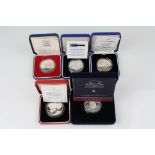 Five Royal Mint cased silver proof Crown Coins to include the 1996 Queen Elizabeth II 70th Birthday,